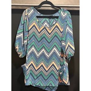 Living Doll Los Angeles Womens XL‎ Blue Teal Chevron Ikat 3/4 Sleeve Blouse Top
